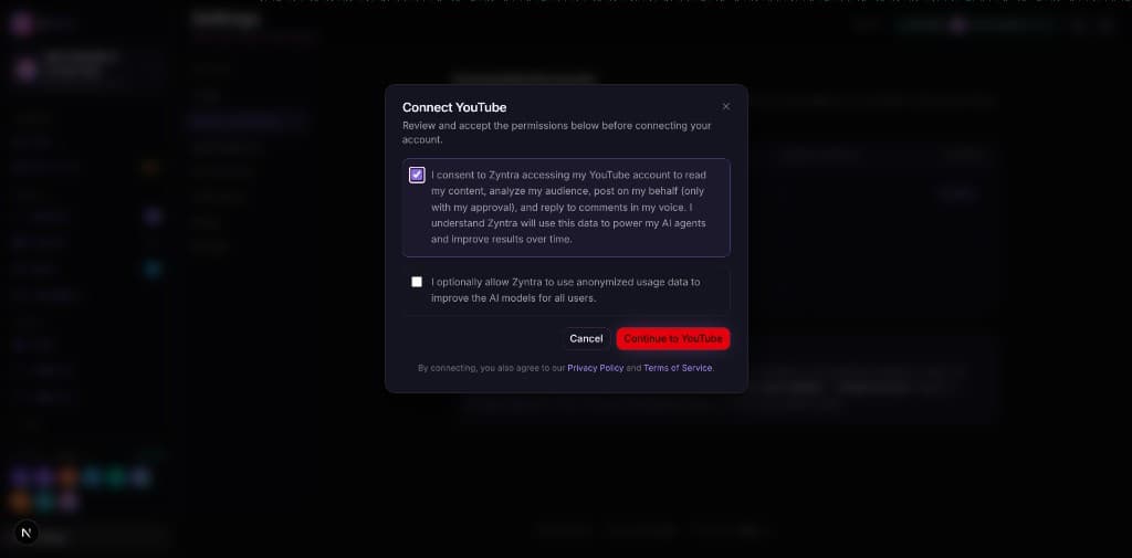 Connect YouTube consent dialog in Zyntra settings