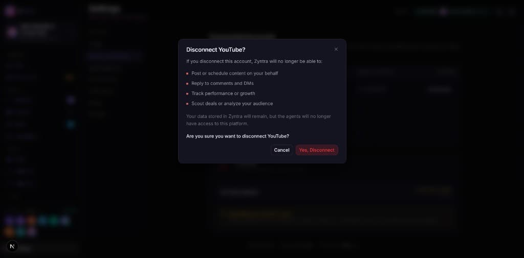 Disconnect YouTube confirmation dialog in Zyntra settings